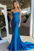 Load image into Gallery viewer, Royal Blue Sweetheart Sheath Stretch Satin Long Prom Dress