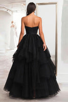 Load image into Gallery viewer, Princess Black Strapless Tulle Tiered Ruched Long Prom Dress