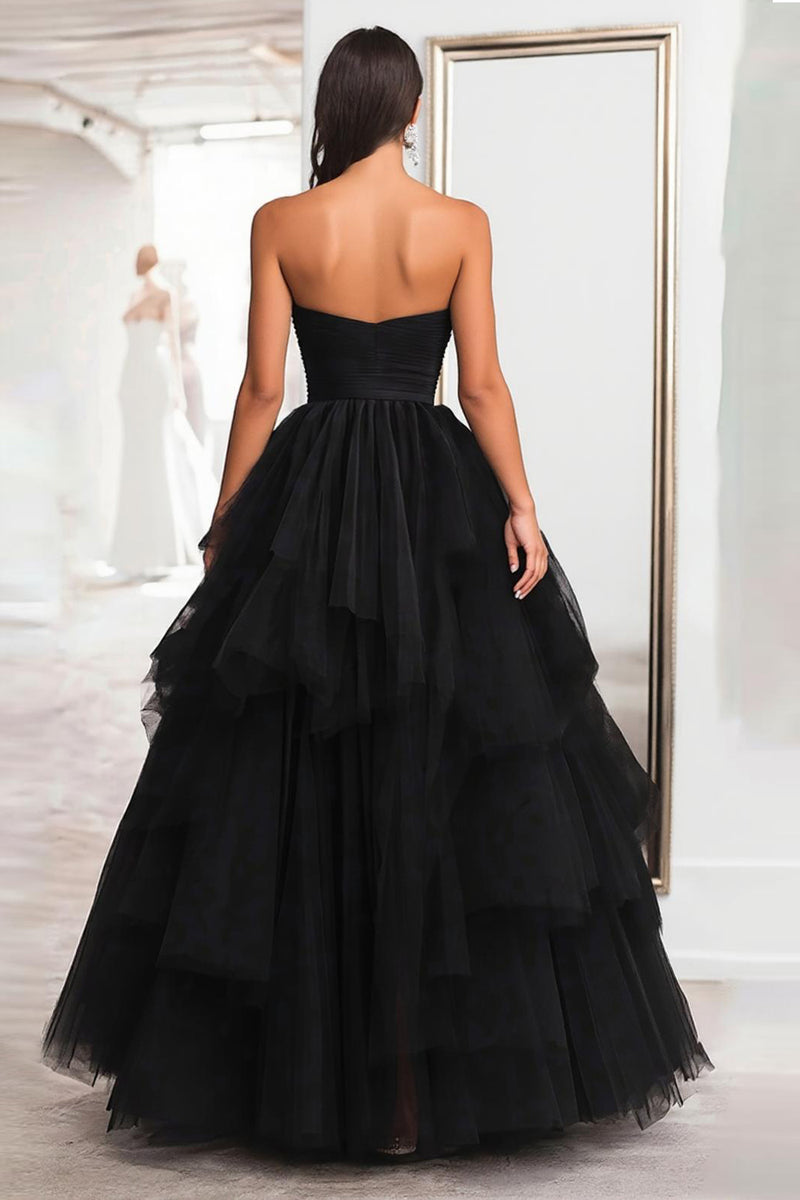 Load image into Gallery viewer, Princess Black Strapless Tulle Tiered Ruched Long Prom Dress