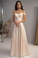Load image into Gallery viewer, Elegant Champagne A Line Off the Shoulder Satin Long Prom Dress