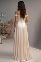 Load image into Gallery viewer, Elegant Champagne A Line Off the Shoulder Satin Long Prom Dress