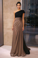 Load image into Gallery viewer, Brown Crepe Sheath Ruched One Shoulder Gala Dress