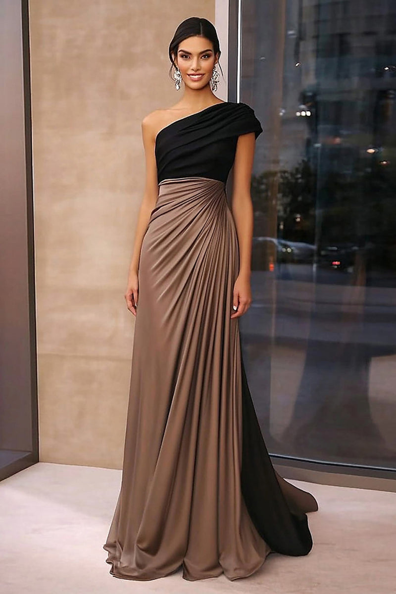 Load image into Gallery viewer, Brown Crepe Sheath Ruched One Shoulder Gala Dress