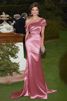 Load image into Gallery viewer, Satin One Shoulder Sheath Pink Gala Dress