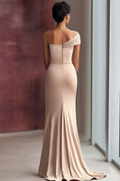 Load image into Gallery viewer, Light Khaki Jersey Sheath One Shoulder Pleated Gala Dress