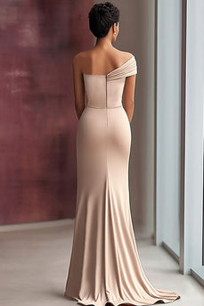 Light Khaki Jersey Sheath One Shoulder Pleated Gala Dress