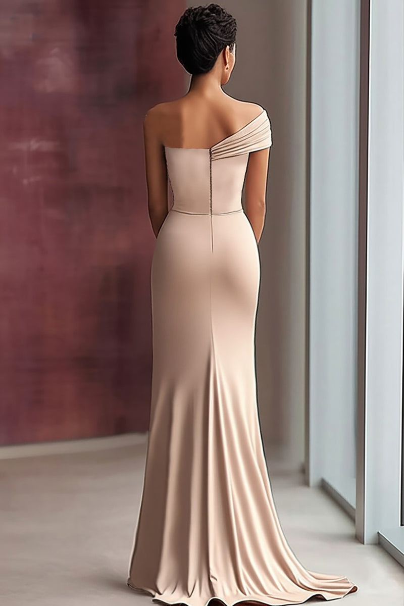 Load image into Gallery viewer, Light Khaki Jersey Sheath One Shoulder Pleated Gala Dress