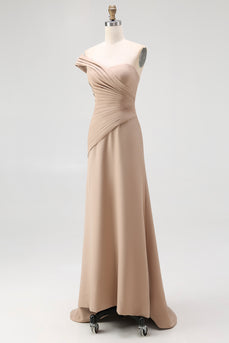 One Shoulder Pleated Light Khaki Jersey Sheath Gala Dress