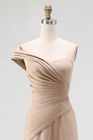 Load image into Gallery viewer, One Shoulder Pleated Light Khaki Jersey Sheath Gala Dress