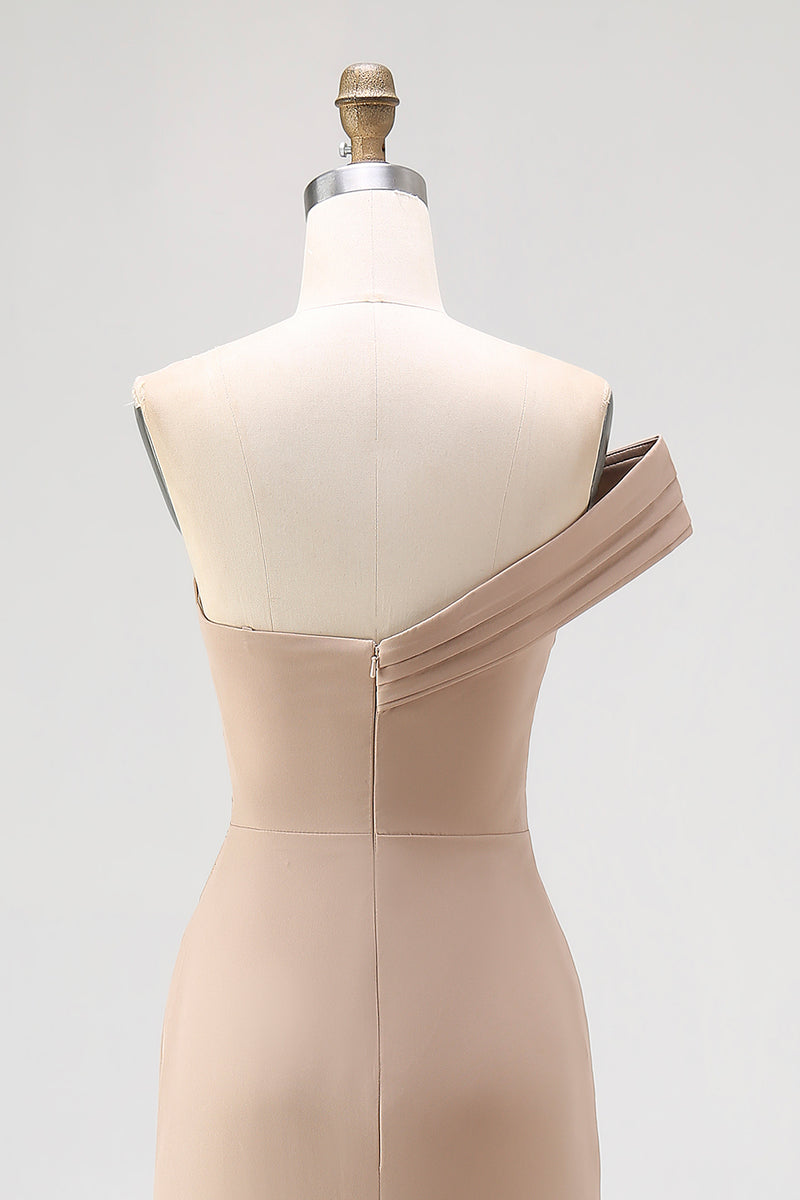Load image into Gallery viewer, One Shoulder Pleated Light Khaki Jersey Sheath Gala Dress
