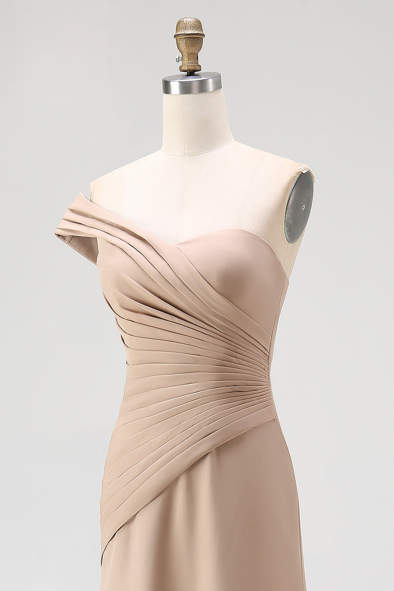 Load image into Gallery viewer, One Shoulder Pleated Light Khaki Jersey Sheath Gala Dress