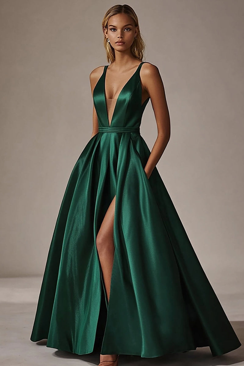 Load image into Gallery viewer, A Line Deep V Neck Satin Dark Green Prom Dress With Slit