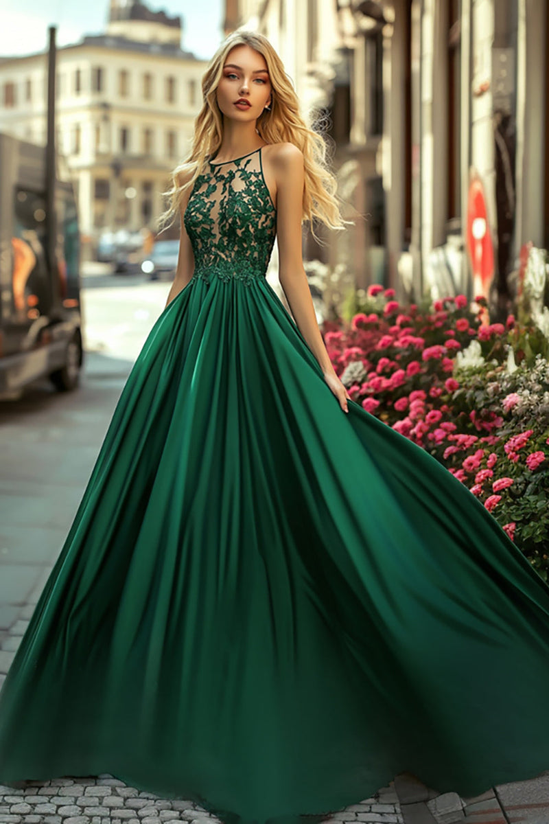 Load image into Gallery viewer, A Line Dark Green Satin Appliqued Long Prom Dress