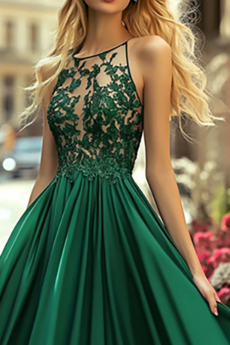 Load image into Gallery viewer, A Line Dark Green Satin Appliqued Long Prom Dress