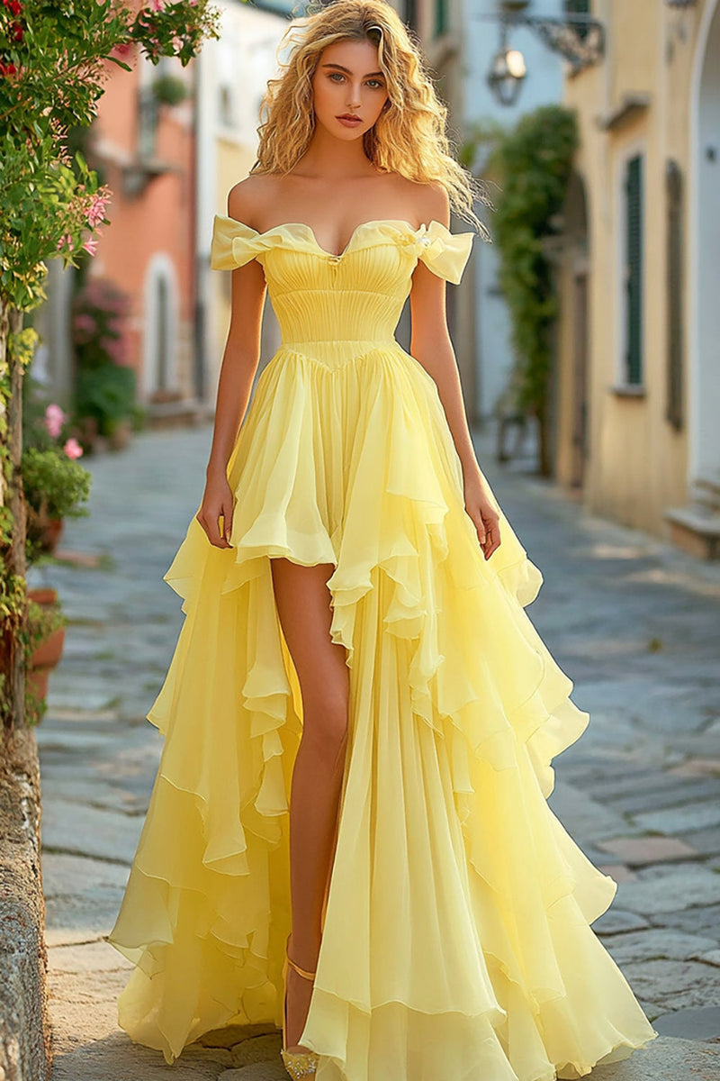 Load image into Gallery viewer, Yellow A Line Long Ruffled Prom Dress with Slit