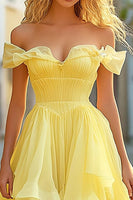 Load image into Gallery viewer, Yellow A Line Long Ruffled Prom Dress with Slit