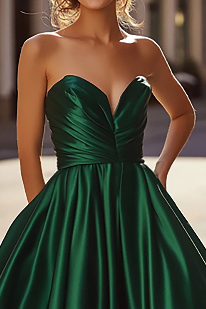 Hellymoon Women Satin Dark Green Prom Dress A Line Sweetheart Ruched