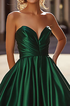 Satin A Line Dark Green Sweetheart Long Prom Dress