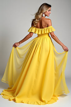 Off The Shoulder A Line Yellow Ruffled Bridesmaid Dress