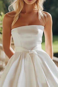 White A Line Satin Strapless Midi Graduation Dress