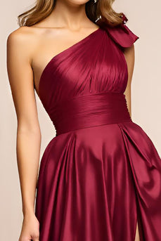 Elegant A Line Burgundy One Shoulder Long Prom Dress With Slit
