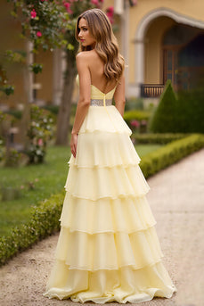 Light Yellow A Line Sweetheart Tiered Beaded Long Prom Dress
