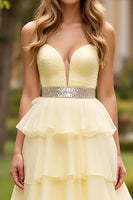 Load image into Gallery viewer, Light Yellow A Line Sweetheart Tiered Beaded Long Prom Dress