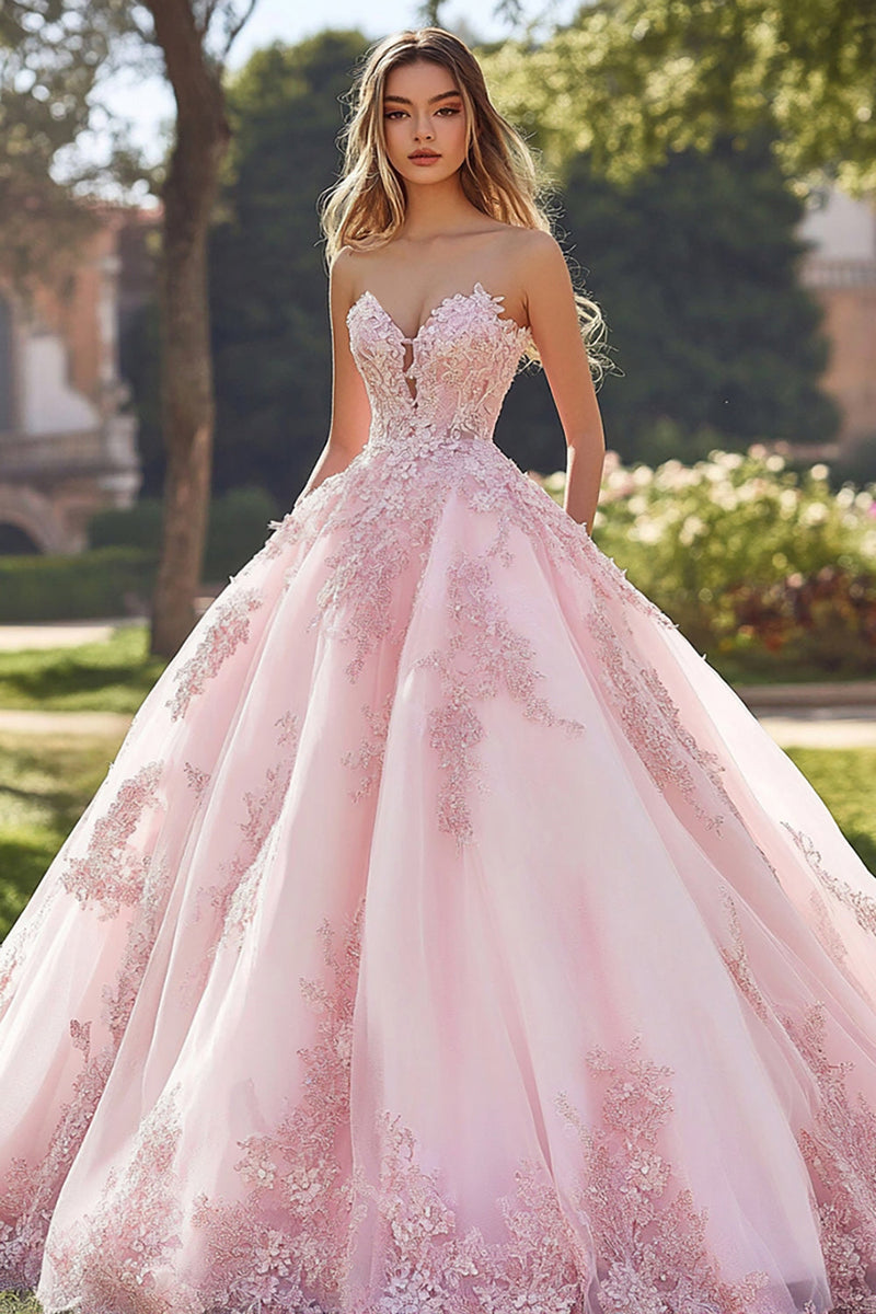 Load image into Gallery viewer, Princess Blush Ball Gown Strapless Tulle Quinceanera Dress with Appliques