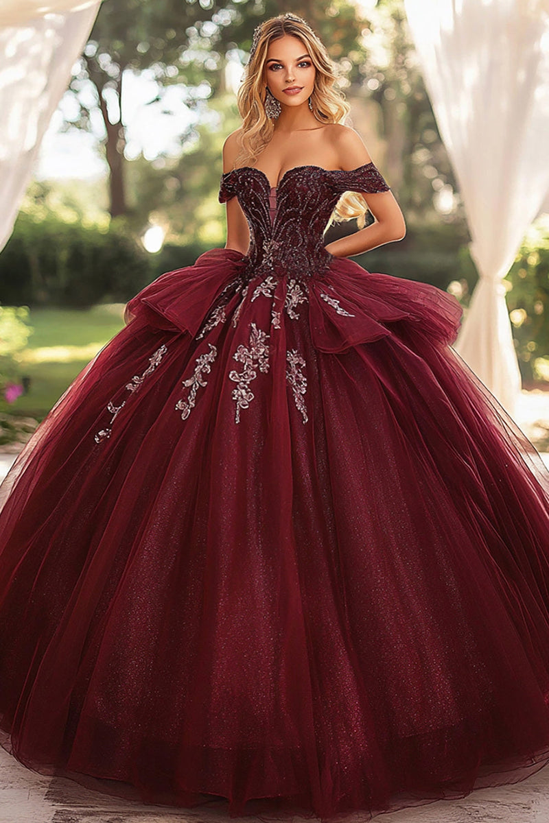 Load image into Gallery viewer, Ball Gown Strapless Burgundy Off The Shoulder Quinceanera Dress