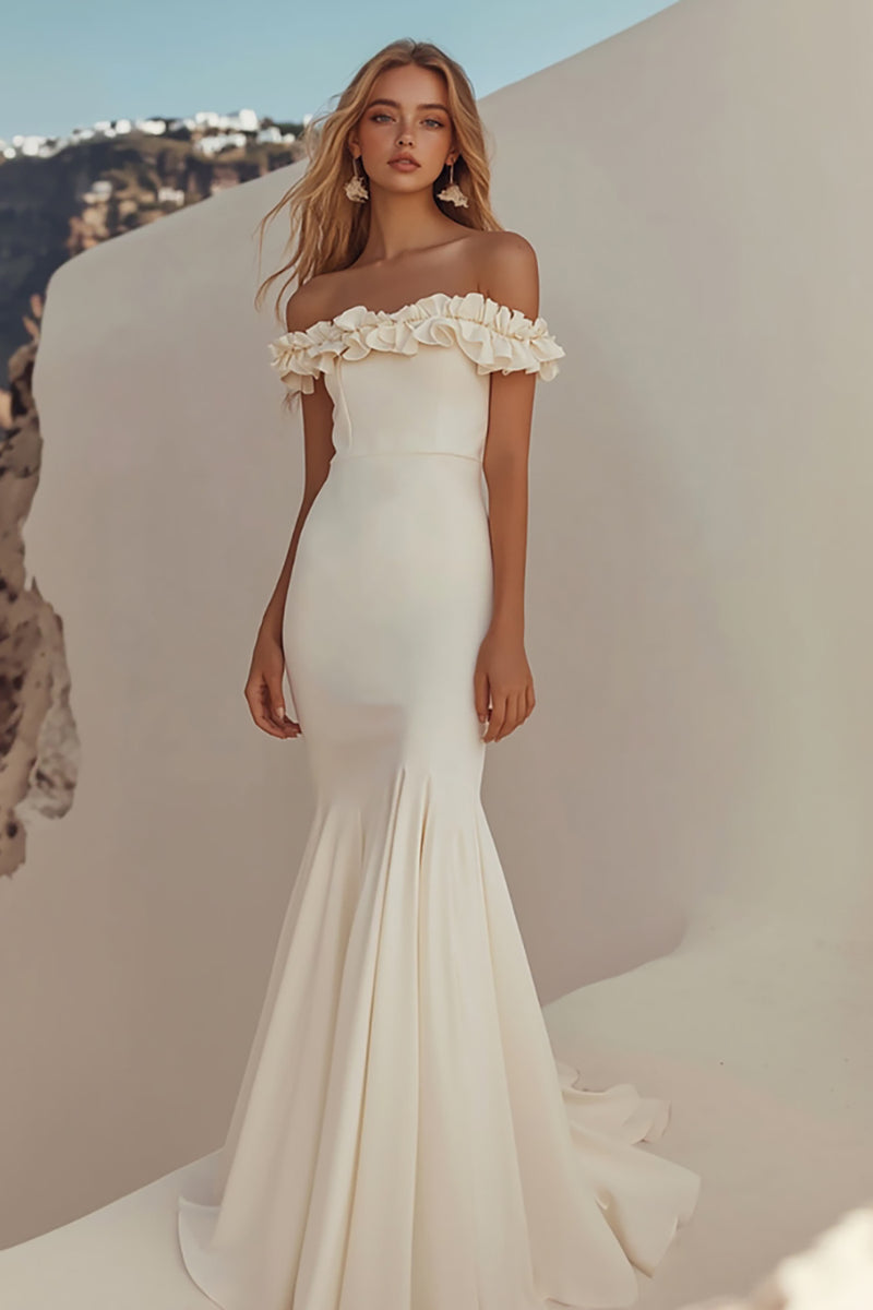 Load image into Gallery viewer, Floor Length White Off The Shoulder Sheath Graduation Dress