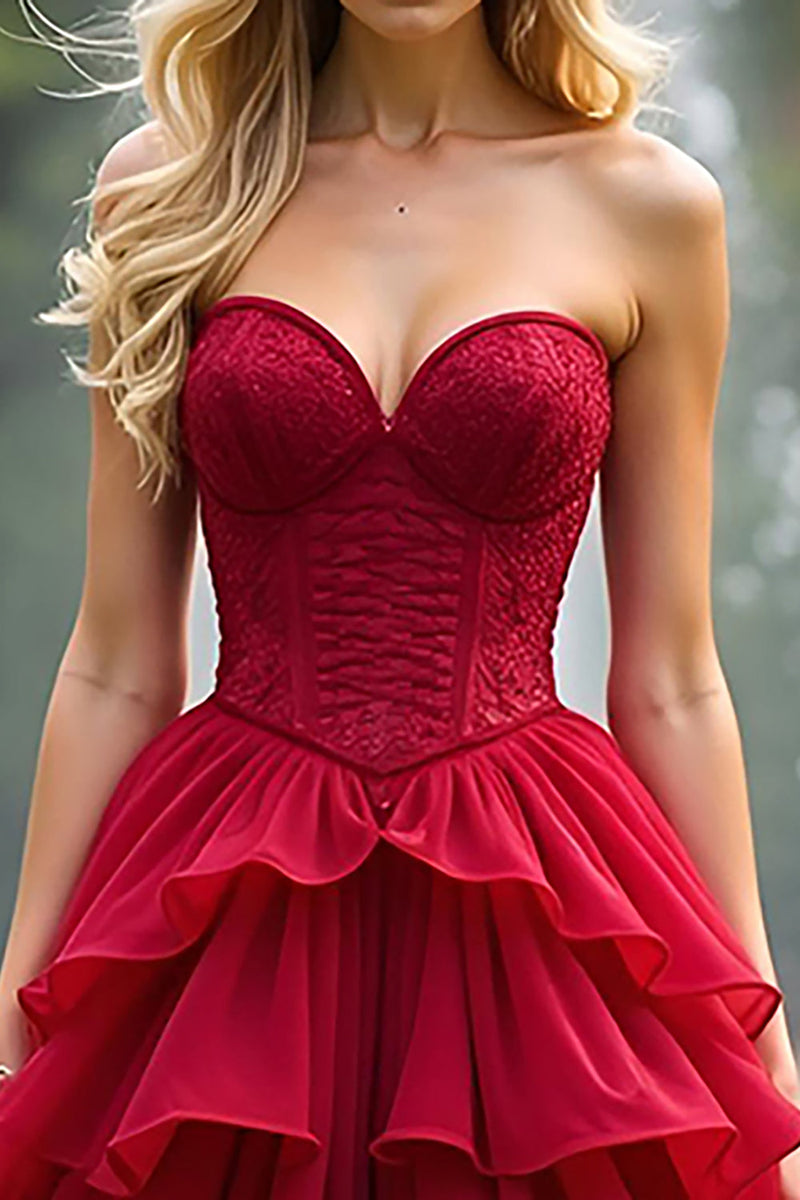 Load image into Gallery viewer, A Line Red Sweetheart Lace Long Prom Dress