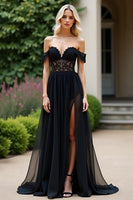 Load image into Gallery viewer, Black A Line Off The Shoulder Lace Prom Dress with Slit