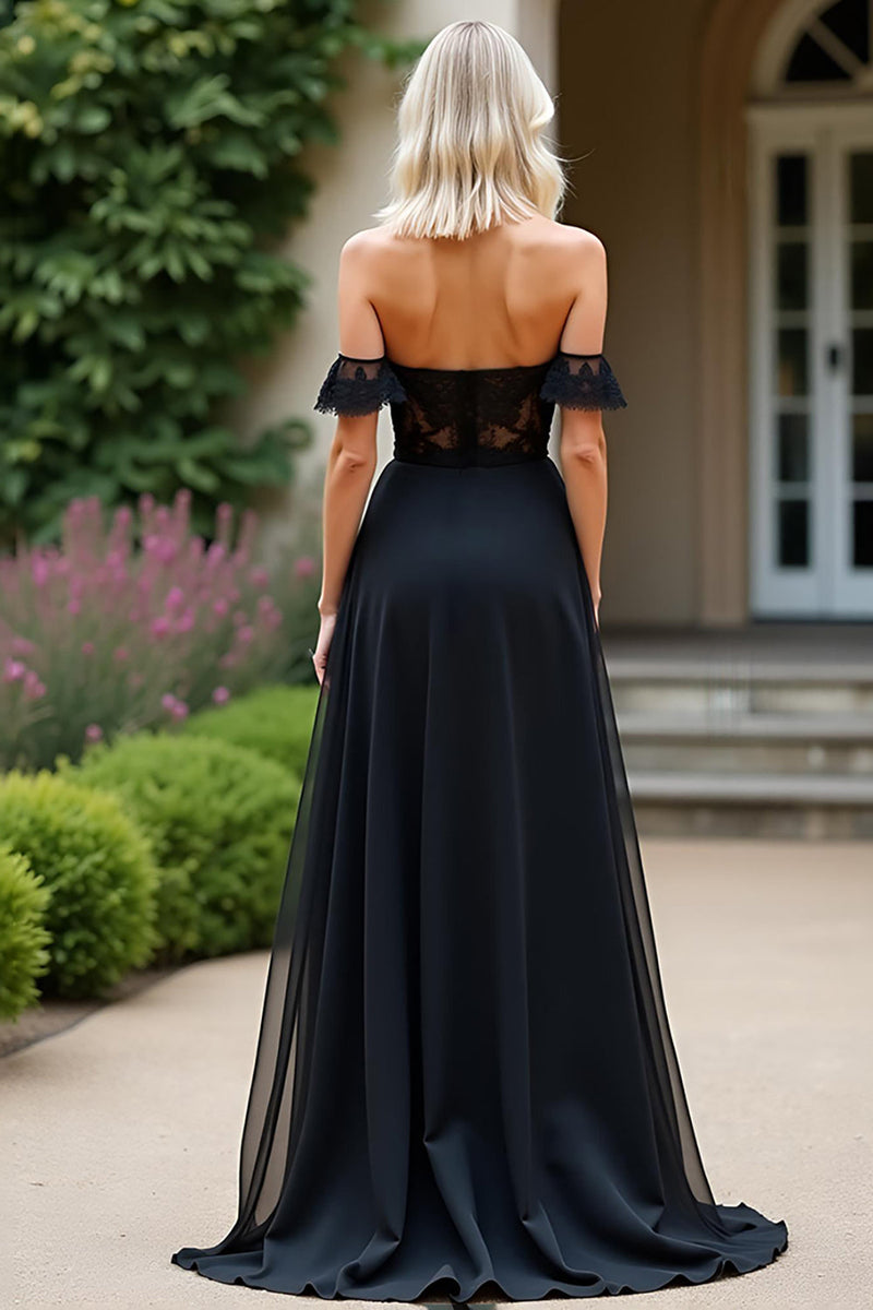 Load image into Gallery viewer, Black A Line Off The Shoulder Lace Prom Dress with Slit