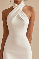 Load image into Gallery viewer, Halter Neck A Line Satin Knee Length Little White Dress