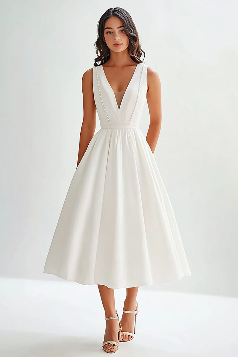 Hellymoon Women White Graduation Dress Matte Satin A Line V Neck