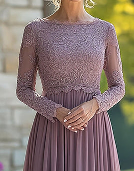 Black Tie Vintage Mauve Column Scoop Chiffon Long Mother of the Bride Dress with Lace Appliques