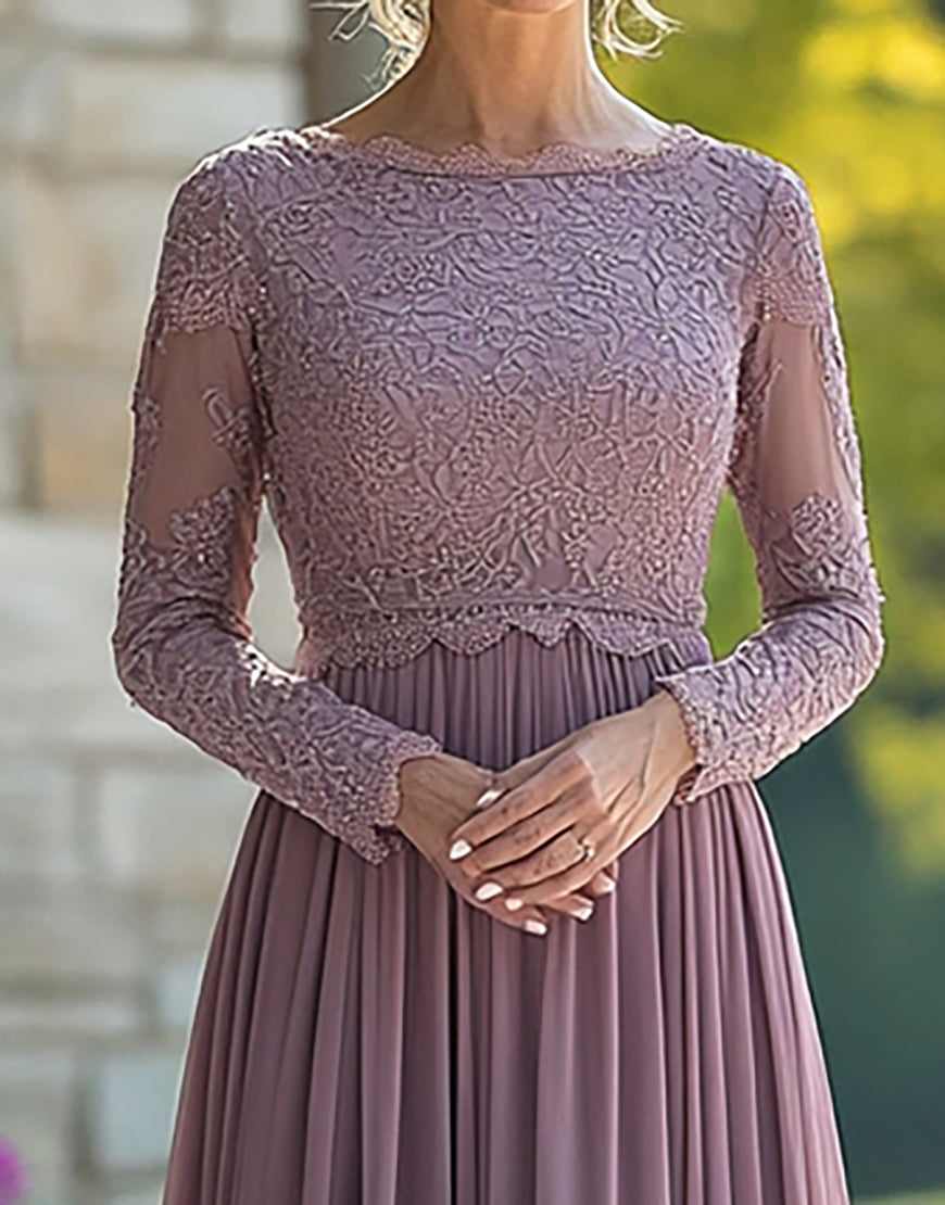 Load image into Gallery viewer, Black Tie Vintage Mauve Column Scoop Chiffon Long Mother of the Bride Dress with Lace Appliques