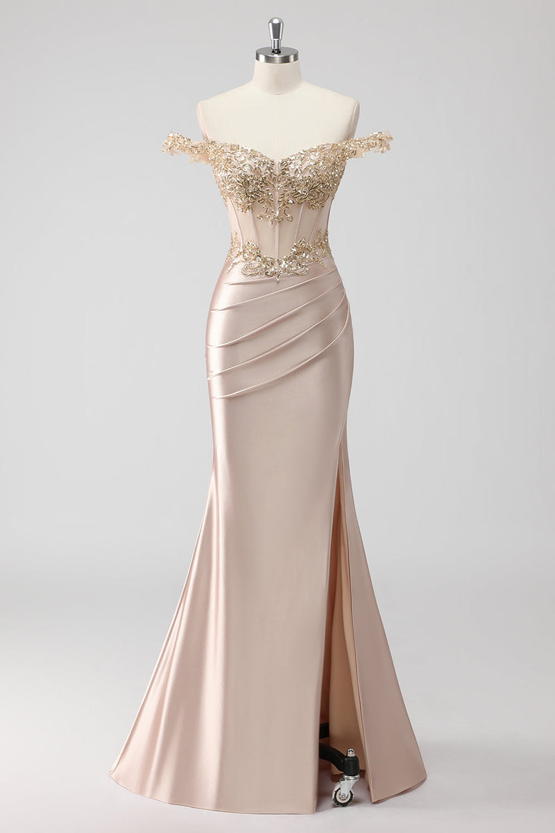 Load image into Gallery viewer, Sparkly Off the Shoulder Champagne Corset Appliqued Prom Dress