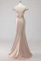 Load image into Gallery viewer, Sparkly Off the Shoulder Champagne Corset Appliqued Prom Dress