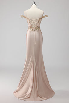Sparkly Off the Shoulder Champagne Corset Appliqued Prom Dress
