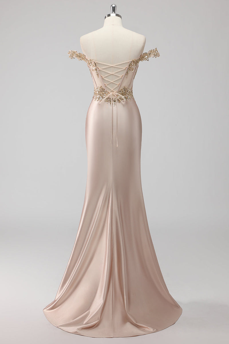 Load image into Gallery viewer, Sparkly Off the Shoulder Champagne Corset Appliqued Prom Dress