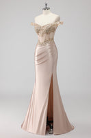 Load image into Gallery viewer, Sparkly Off the Shoulder Champagne Corset Appliqued Prom Dress
