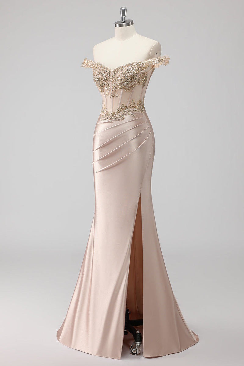 Load image into Gallery viewer, Sparkly Off the Shoulder Champagne Corset Appliqued Prom Dress