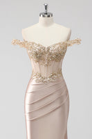 Load image into Gallery viewer, Sparkly Off the Shoulder Champagne Corset Appliqued Prom Dress