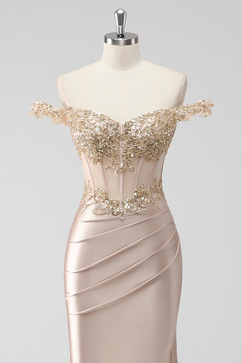 Load image into Gallery viewer, Sparkly Off the Shoulder Champagne Corset Appliqued Prom Dress