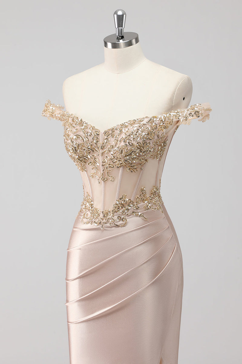 Load image into Gallery viewer, Sparkly Off the Shoulder Champagne Corset Appliqued Prom Dress