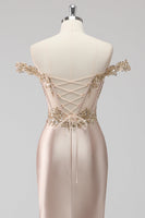 Load image into Gallery viewer, Sparkly Off the Shoulder Champagne Corset Appliqued Prom Dress
