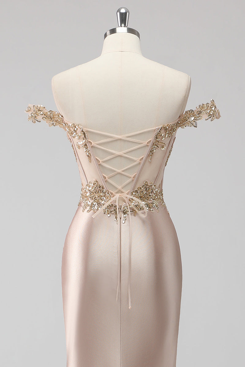 Load image into Gallery viewer, Sparkly Off the Shoulder Champagne Corset Appliqued Prom Dress