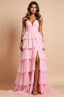 Load image into Gallery viewer, Blush Pink Tiered A Line Long Prom Dress With Ruffles