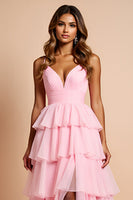 Load image into Gallery viewer, Blush Pink Tiered A Line Long Prom Dress With Ruffles
